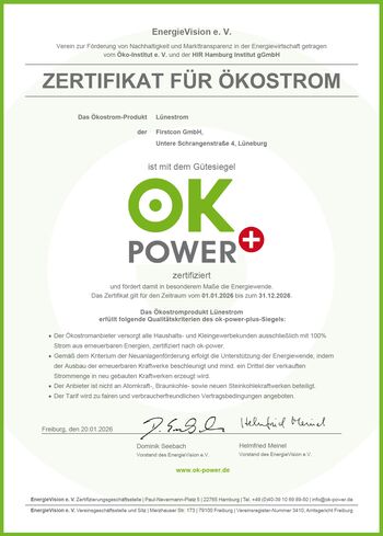Zertifikat für Ökostrom - Lünestrom ist mit dem Gütesiegel ok-power+ zertifiziert