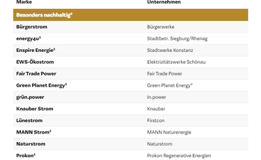 Aufstellung besonders nachhaltiger Stromanbieter