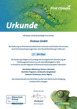 Urkunde Klimaschutz-Beitrag 2026 über CO2-Zertifikate mit FirstClimate