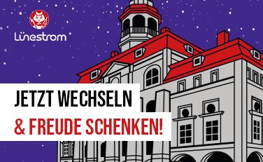 Illustration des Lüneburger Rathauses, im Hintergrund fallen Schneeflocken, davor Schriftzug "Jetzt wechseln & Freude schenken!"