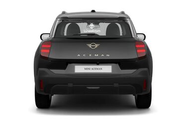 Heckansicht MINI Aceman in schwarz mit weißem Logo auf der Heckscheibe